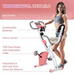 HOMCOM 2-in-1 Folding Exercise Bike with 8-Level Magnetic Resistance, Arm Resistance Band, Pulse Sensor, Pink