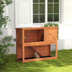 PawHut Two-Tier Antiseptic Wood Rabbit Hutch, 102cm Guinea Pig Hutch with Run - Orange