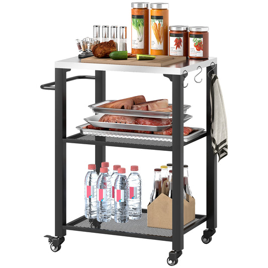 Outsunny Three-Shelf Outdoor Grill Cart with Stainless Steel Top, Outdoor Kitchen Island with 4 Wheels, 3 Hooks, Movable Food Prep Pizza Oven Table for Kitchen, Patio, Garden, 65.5 x 41 x 79 cm