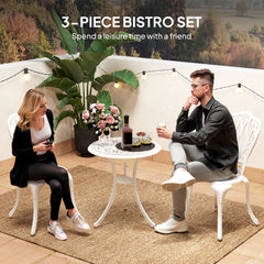 Outsunny 3 Piece Garden Bistro Set, Cast Aluminium Outdoor Furniture Set with Umbrella Hole for Balcony, Porch, Patio, White