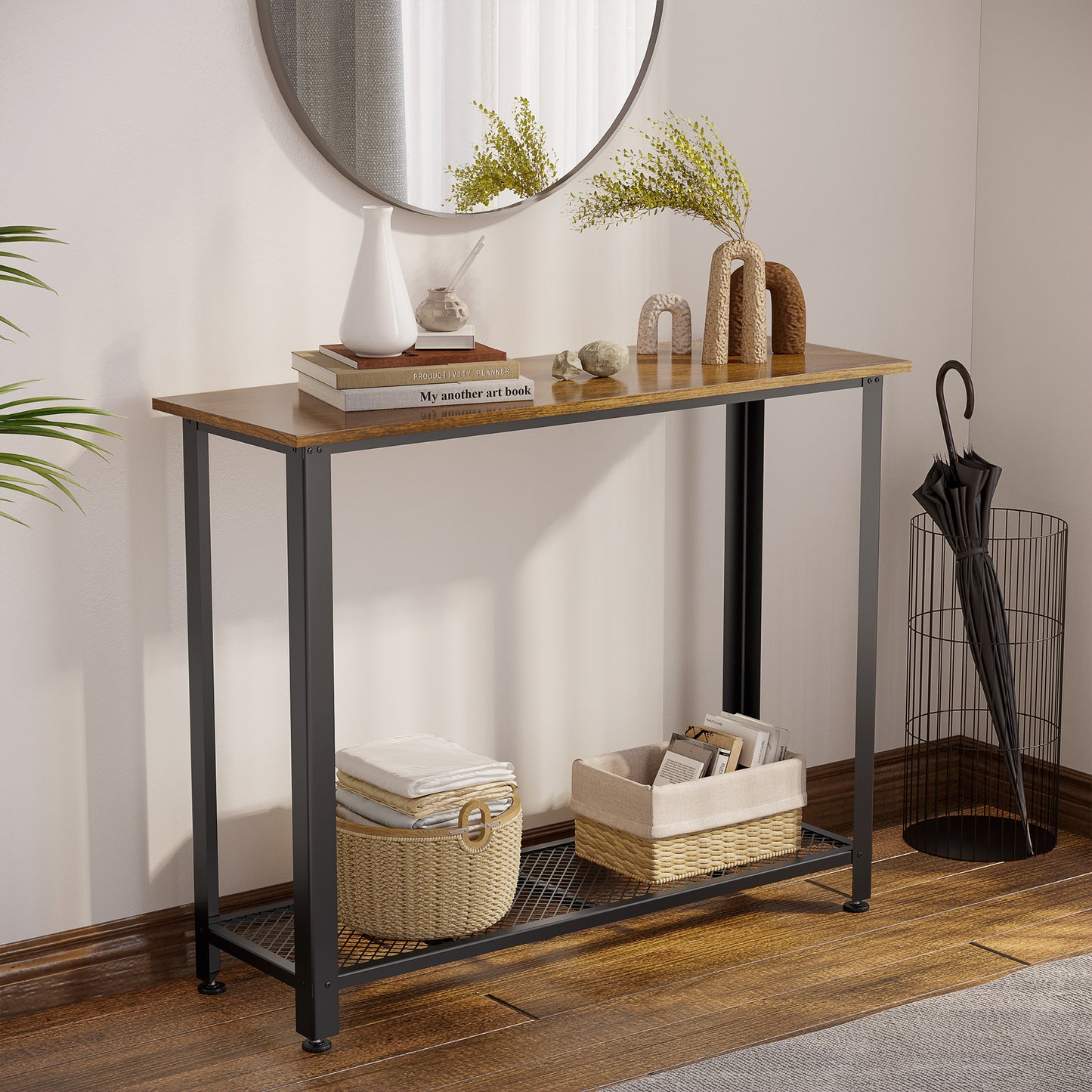 HOMCOM Industrial Console Table√Ø¬º≈íEntryway Table w/Bottom Mesh Shelf Metal Frame Vintage Sofa Table for Hallway, Living Room, Rustic Brown