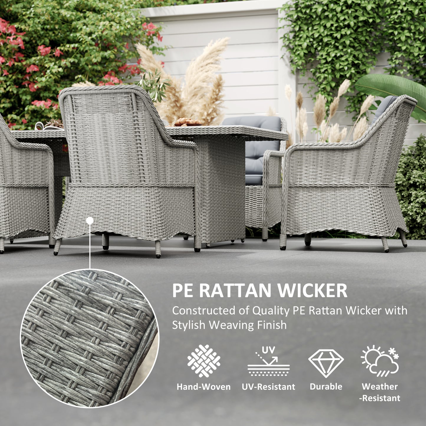 Outsunny 6 Seater Rattan Dining Set, Round PE Rattan Garden Furniture Set with Seat and Back Cushions, Aluminium Outdoor Dining Table and Chairs with 6 Armchairs, Rectangular Glass Top Table, Grey