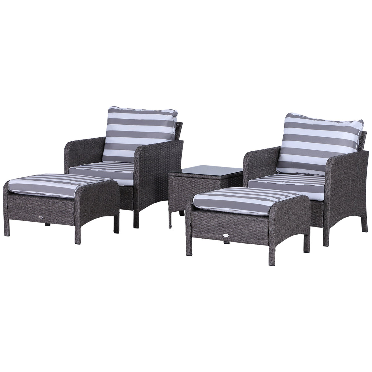 Outsunny 5 Pieces PE Rattan Garden Furniture Set with 10cm Thick Padded Cushions, Wicker Weave Outdoor Seating Chairs with 2 Armchairs, 2 Stools, Glass Top Table, Dark Grey