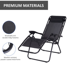 Outsunny Zero Gravity Chair Metal Frame Texteline Armchair Outdoor Folding and Reclining Sun Lounger with Head Pillow for Patio Decking Gardens Camping, Black