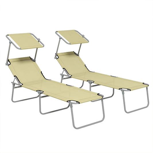 Outsunny Outdoor Foldable Sun Lounger Set of 2, 4 Level Adjustable Backrest Reclining Sun Lounger Chair with Angle Adjust Sun Shade Awning for Beach, Garden, Patio, Beige