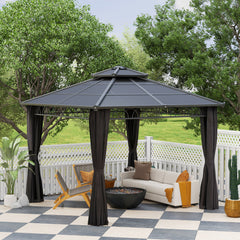 Outsunny 3 x 3 (m) Outdoor Polycarbonate Gazebo, Double√Ç Roof Hard Top Gazebo with√Ç Galvanised Steel Frame, Nettings√Ç &√Ç Curtains for Garden, Lawn, Patio and Deck, Dark Grey