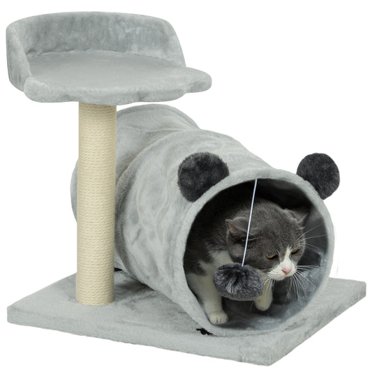 PawHut 47cm Small Cat Tree w/ Scratching Post, Bed, Cat Tunnel, Toy Ball, Grey