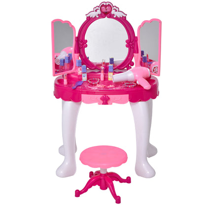 HOMCOM 26 Pcs Kids Children Vanity Dressing Table Magic Glamour Princess Mirror Makeup Table Stool Set w/ Beauty Kit Lights Music Jewellery Pretend Toy Fuchsia