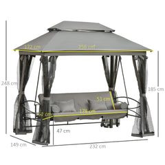 Outsunny 3 Seater Swing Chair 3-in-1 Convertible Garden Swing Seat Bed Gazebo Patio Bench Outdoor with Double Tier Canopy, Cushioned Seat, Mesh Sidewalls, Grey