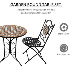 Outsunny 3 PCs Garden Mosaic Bistro Set Outdoor Patio 2 Folding Chairs & 1 Round Table Outdoor Furniture Vintage