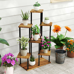 Outsunny 7 Tier Plant Stand Indoor Outdoor, Tiered Corner Steel Wood Plant Shelf for Multiple Plants, Tall Flower Stand Display Rack for Garden Patio Balcony Living Room, Carbonised Finish