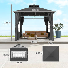 Outsunny 3 x 3 m Garden Gazebo, Double Roof Metal Gazebo with Removable Sidewalls and Church Windows, Outdoor Canopy Shelter, Dark Grey