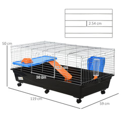 PawHut Small Animal Cage Rabbit Guinea Pigs Chinchillas Cage w/ Wheels Water Bottle Food Dish Platform Ramp 119 x 59 x 50 cm Black