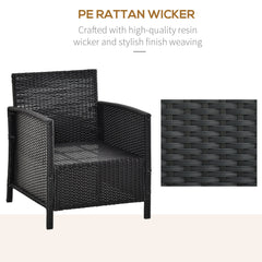 Outsunny 2-Seater PE Rattan Side Table & Armchair Bistro Set Jack and Jill Seat w/ Pillows Black