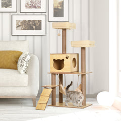 PawHut 130cm Cat Tree for Indoor Cats, Multi-Level Plush Cat Tower, with Five Scratching Posts, Two Perches, Cat House, Hammock