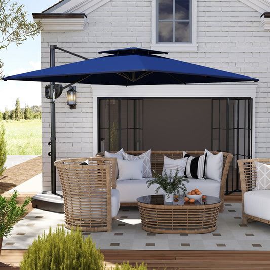 Outsunny Cantilever Parasol with Weighted Base Double Top Garden Parasol Square Hanging Patio Umbrella with Crank Tilt Dark Blue