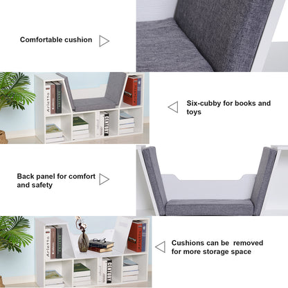 HOMCOM Bookcase Storage Shelf with Cushioned Reading Seat, Cube Bookshelf Organizer for Bedroom Living Room, White
