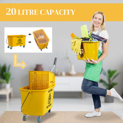 HOMCOM Mop Bucket with Wringer Set on Wheels for Floor Cleaning, 20 Litre Side Press Wringer with Handle and Mop, Yellow