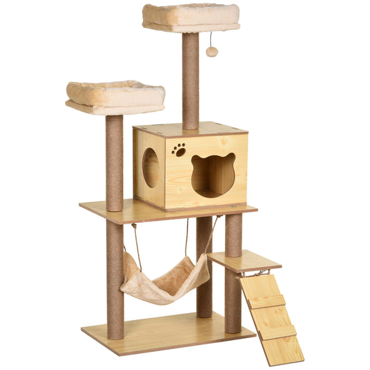 PawHut 130cm Cat Tree for Indoor Cats, Multi-Level Plush Cat Tower, with Five Scratching Posts, Two Perches, Cat House, Hammock