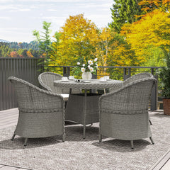 Outsunny 4 Seater Rattan Garden Furniture Set with Cushions, Round PE Rattan Dining Set with Glass-Top Table, Umbrella Hole, Outdoor Garden Table and Chairs, Grey