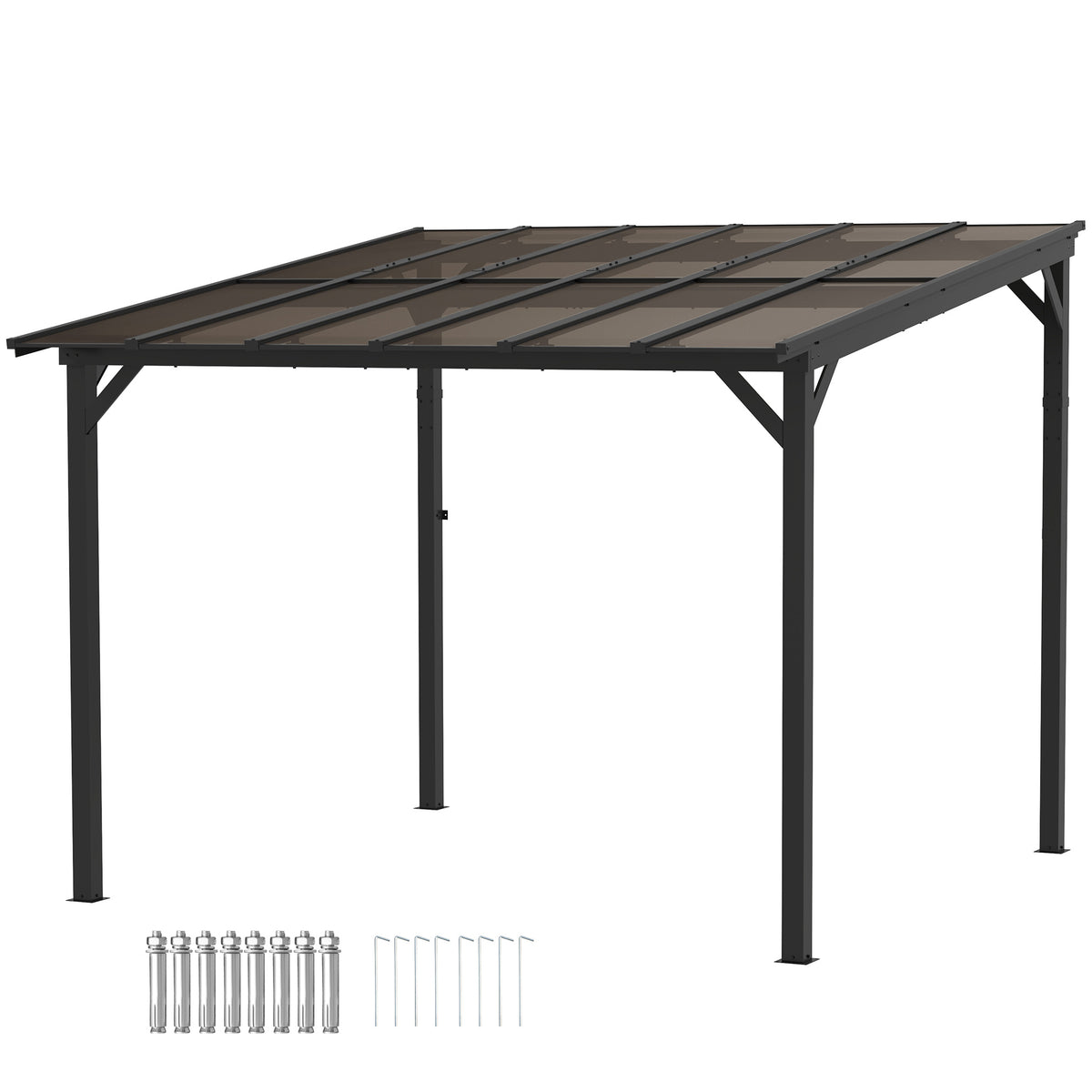 Outsunny 3 x 3(m) Metal Pergola with UPF 50+ and Waterproof Polycarbonate Roof, Wall-Mounted or Free Standing Garden Gazebo, Wind-resistant Outdoor Sun Shade, Dark Grey