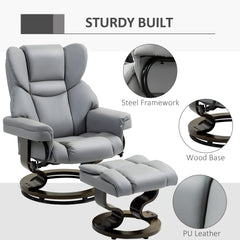 HOMCOM Faux Leather Recliner Chair and Footstool, Swivel Upholstered Armchair and Footstool with Adjustable Backrest, Solid Wood Base for Living Room, Light Grey