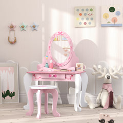 AIYAPLAY Kids Dressing Table Set, Vanity Table with Stool, Mirror, Drawer, Desktop Storage, Ballet Theme, Pink