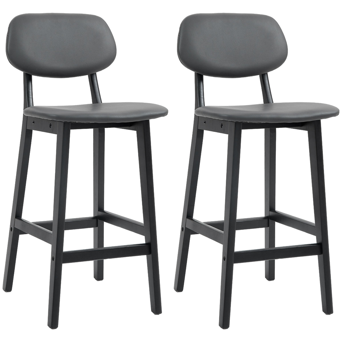 HOMCOM Bar Stools Set of 2, Contemporary Breakfast Bar Chairs, Faux Leather Upholstered Kitchen Stools with Backs and Solid Wood Legs, Dark Grey