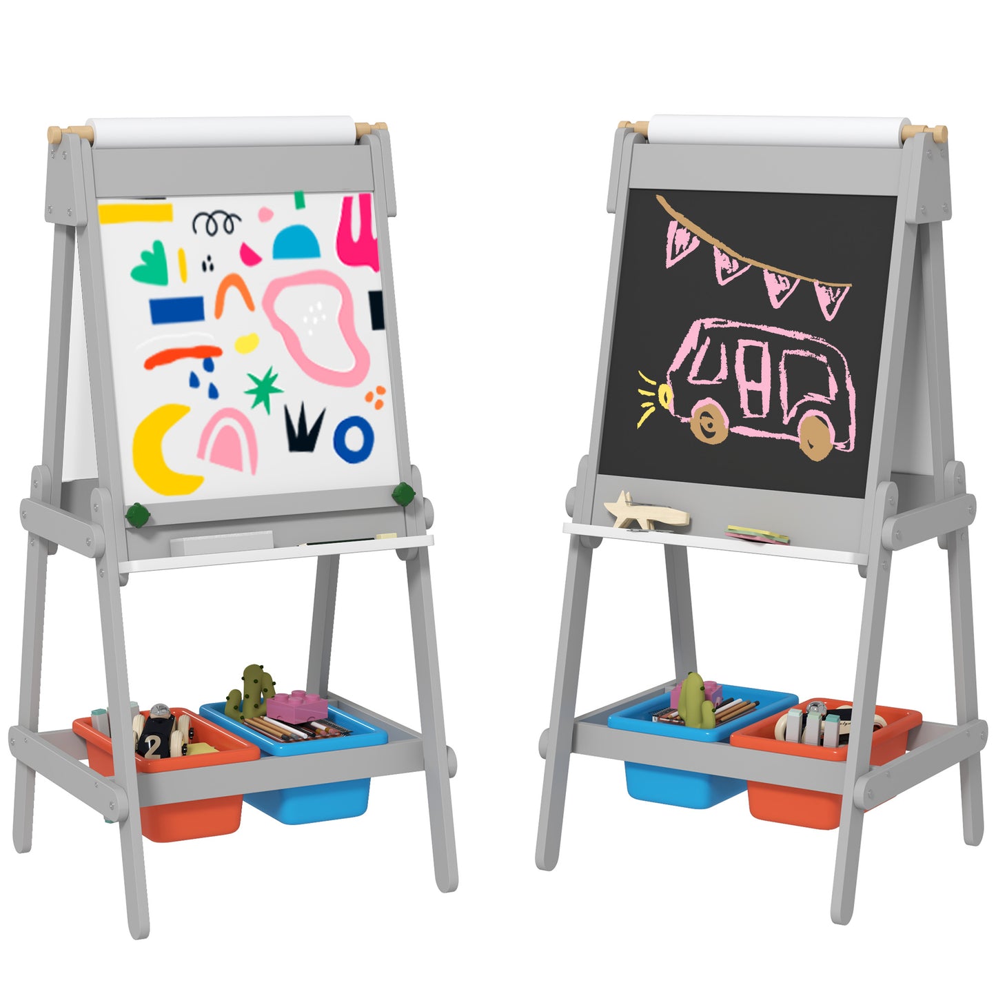 حامل الرسم AIYAPLAY للأطفال مع لفافة ورقية، حامل الرسم ذو الوجهين مع لوحة طباشير، لوحة بيضاء