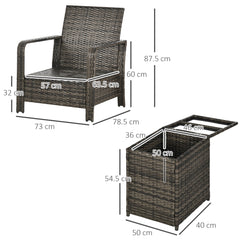 طقم بيسترو من 3 قطع من الروطان من Outsunny، طقم أثاث حديقة من الخيزران مع طاولة قهوة وكراسي للتخزين، وسائد سميكة للاستخدام في الهواء الطلق والفناء والشرفة، باللون الرمادي