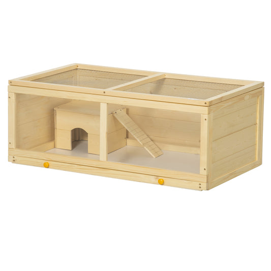 PawHut Wooden Hamster Cage with Sliding Tray, Openable Top, Hut for Syrian Hamster, Natural Wood Finish