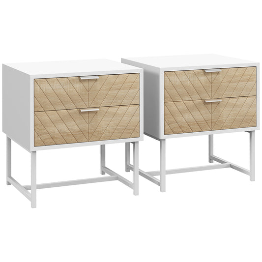 HOMCOM Modern Bedside Table with 2 Drawers and Metal Frame, Sofa Side Table for Bedroom Living Room, Set of 2, White and Oak