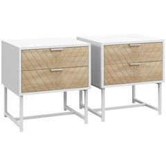 HOMCOM Modern Bedside Table with 2 Drawers and Metal Frame, Sofa Side Table for Bedroom Living Room, Set of 2, White and Oak