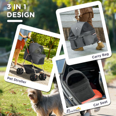 PawHut 3 in 1 Pet Stroller, Folding 4 Wheels Dog Pram with Detachable Carrier for Mini Dogs Cats, Grey