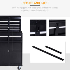 DURHAND Tool Chest 2 in 1 Metal Tool Cabinet Storage Box with 5 Drawers Pegboard Wheels 60x28x104.5cm Black