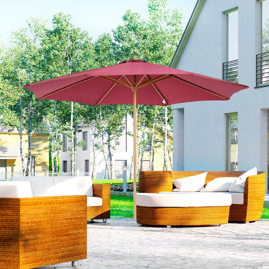 Outsunny 3(m) Garden Parasol, Pulley Operated Patio Umbrella, Wooden Table Market Umbrella with Rope Pulley Mechanism and 8 Ribs, Wine Red