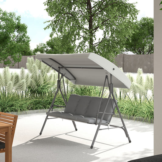 Outsunny 3 Seater Garden Swing Chair, Patio Rocking Bench with Tilting Canopy, Removable Cushion and Steel Frame, Light Grey