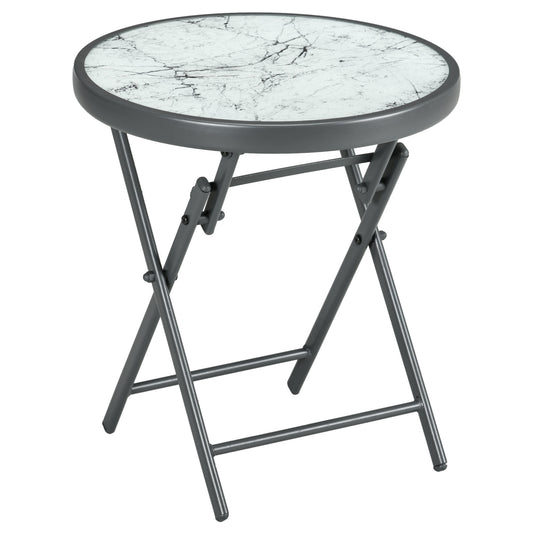 Outsunny â45cm Garden Side Table, Outdoor Round Folding Patio Table with Imitation Marble Glass Top, Small Coffee Table, White