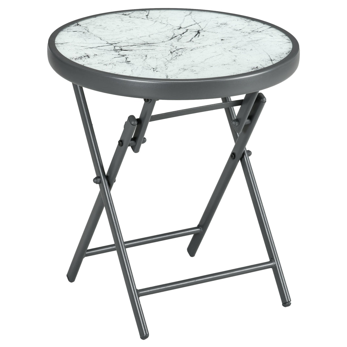 Outsunny 45cm Garden Side Table, Outdoor Round Folding Patio Table with Imitation Marble Glass Top, Small Coffee Table, White