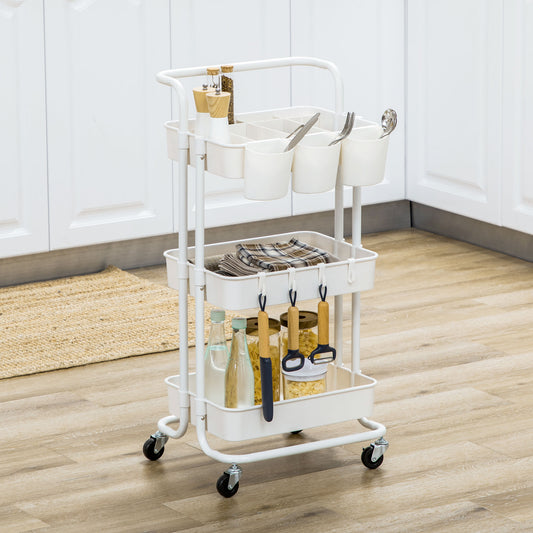 HOMCOM Three-Tier Home Trolley, with Handle and Wheels - White