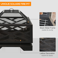 Outsunny Metal Firepit Outdoor 2 in 1 Square Fire Pit Brazier w/ Grill Shelf, Lid, Poker for Backyard, Camping, BBQ, Bonfire, Wood Burning Stove, 66 x 66 x 66cm, Black