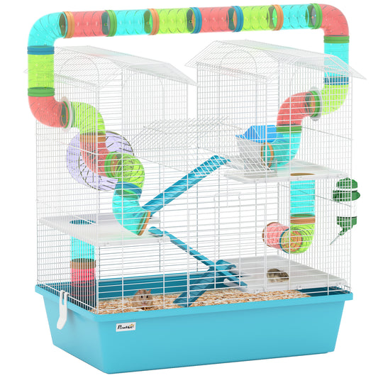 PawHut 4 Tier Hamster Cage w/ Tubes, Exercise Wheel, Hut, Water Bottle, Food Dish, Ramps, for Drawf, 58 x 36 x 65cm, Light Blue