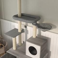 PawHut 2-in-1 Floor-To-Ceiling Cat Tree with Hidden Litter Box, for Indoor Use - Grey