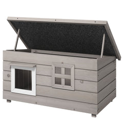 PawHut Wooden Outdoor Cat House, Elevated Cat Shelter Kennel, Pet Play House with Openable Top, Asphalt Roof, Window, Grey