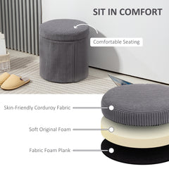 HOMCOM 40cm Round Storage Ottoman, Corduroy Footstool with Removable Lid and Legs, Vanity Stool for Living Room, Bedroom, Grey