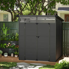 Outsunny 6 x 6ft Outdoor Storage Shed, Plastic Garden Shed with Windows and Air Vents, Outdoor Resin Tool Shed with Latch Doors for Garden, Deck, Dark Grey