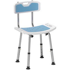 HOMCOM Shower Stool with Backrest, Height Adjustable Shower Chair with Anti-slip Foot Pads, Shower Head Holder, Light Blue