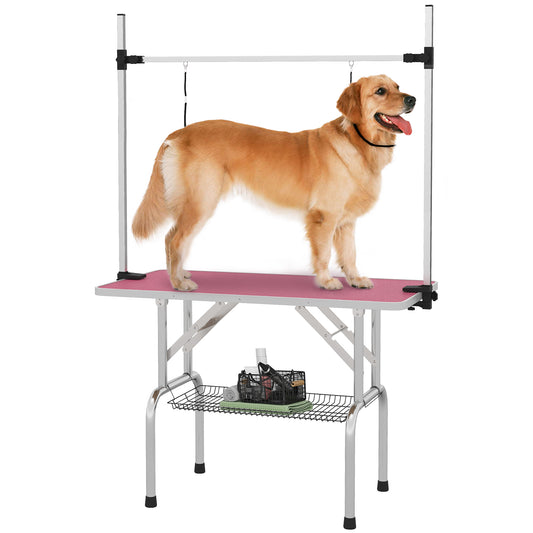 PawHut 42" Dog Grooming Table, Adjustable Pet Cat Drying Beauty Table with 2 Loops Storage Basket, Rubber Top, Pink