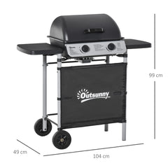 Outsunny 2 Burner Gas BBQ Trolley with Lid, 5.6 kW Gas Barbecue Grill with Wheels, Side Shelves, Grey