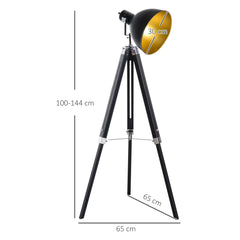 HOMCOM Tripod Floor Lamp, Spotlight Reading Lamp w/ Adjustable Height, Angle, Wood Legs for Living Room, Bedroom, Home, Office, Black and Gold